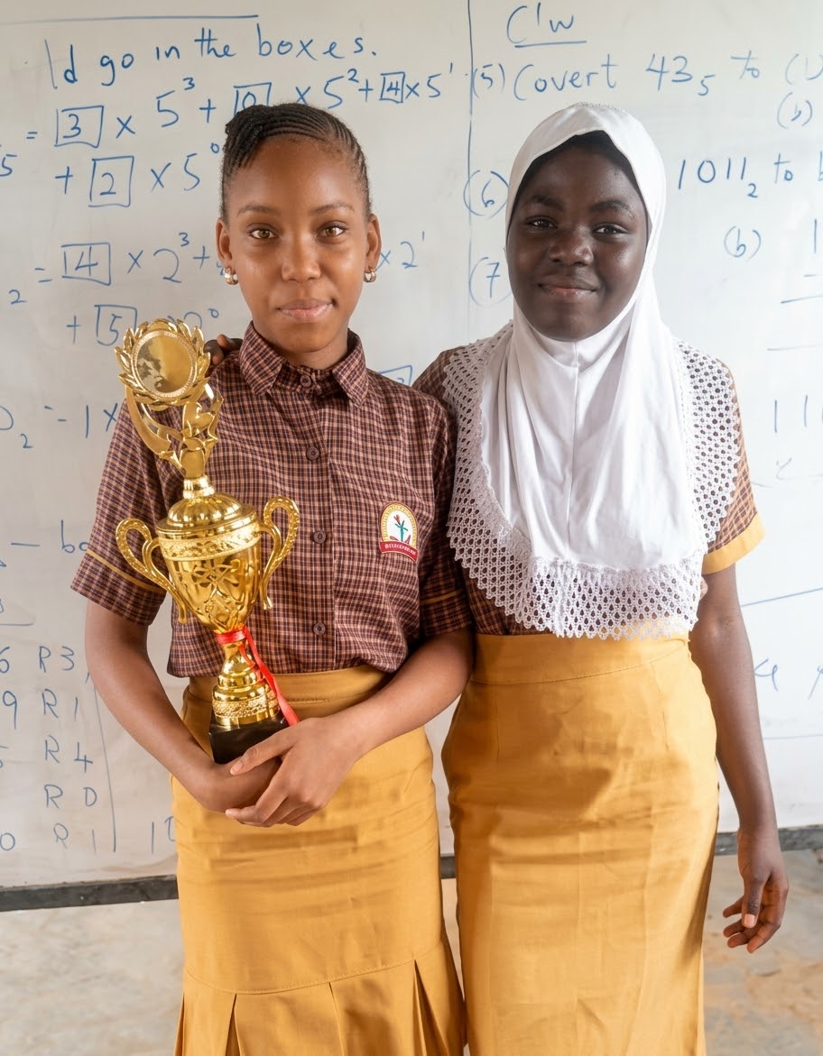 Two Secondary school students in uniform, one holding a trophy